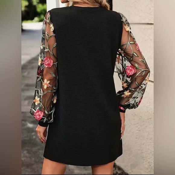 Black Embroidered Lantern Sleeve Mini Dress - Picture 5 of 7